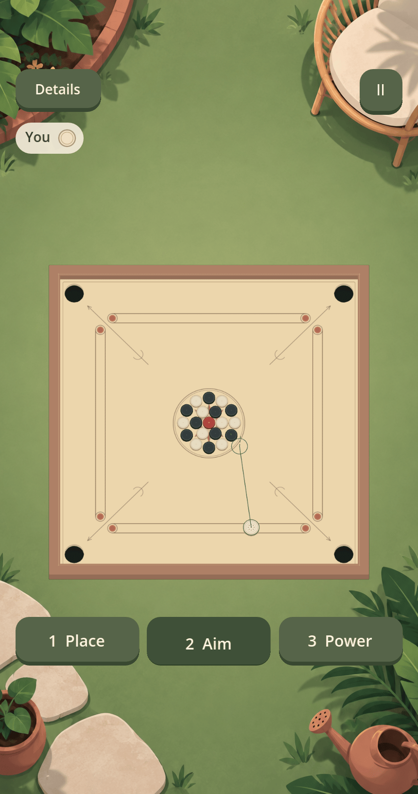 An aiming guide showing the striker’s path in Cozy Carrom’s garden setting.