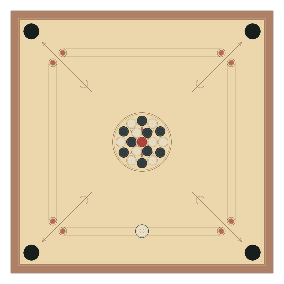 The real Cozy Carrom game board, with ivory and charcoal coins surrounding the red queen and a striker on the baseline.