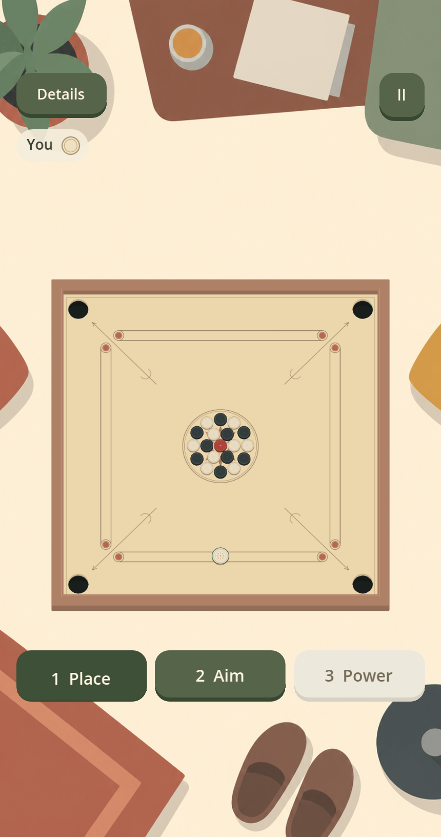 Cozy Carrom running in the living-room setting, with the Place, Aim and Power controls below the board.
